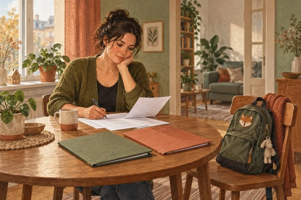 Een vrouw bekijkt papieren en mappen aan een houten tafel naast een stoel met een kinderrugzak.
