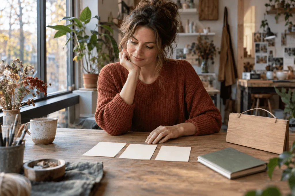 Een vrouw bekijkt drie blanco kaarten aan een houten tafel naast een leeg naambord.