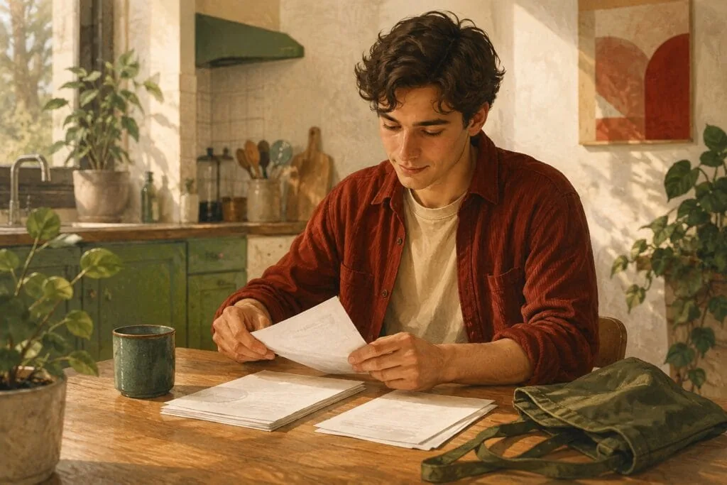 Illustratie van een jongvolwassene die aan een keukentafel papieren bekijkt naast een werkschort.