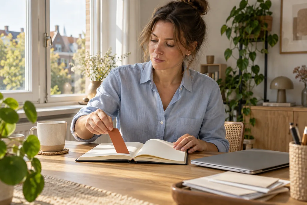 Een vrouw met een blauwe blouse bekijkt haar planner aan een zonnig bureau met een laptop en enveloppen.