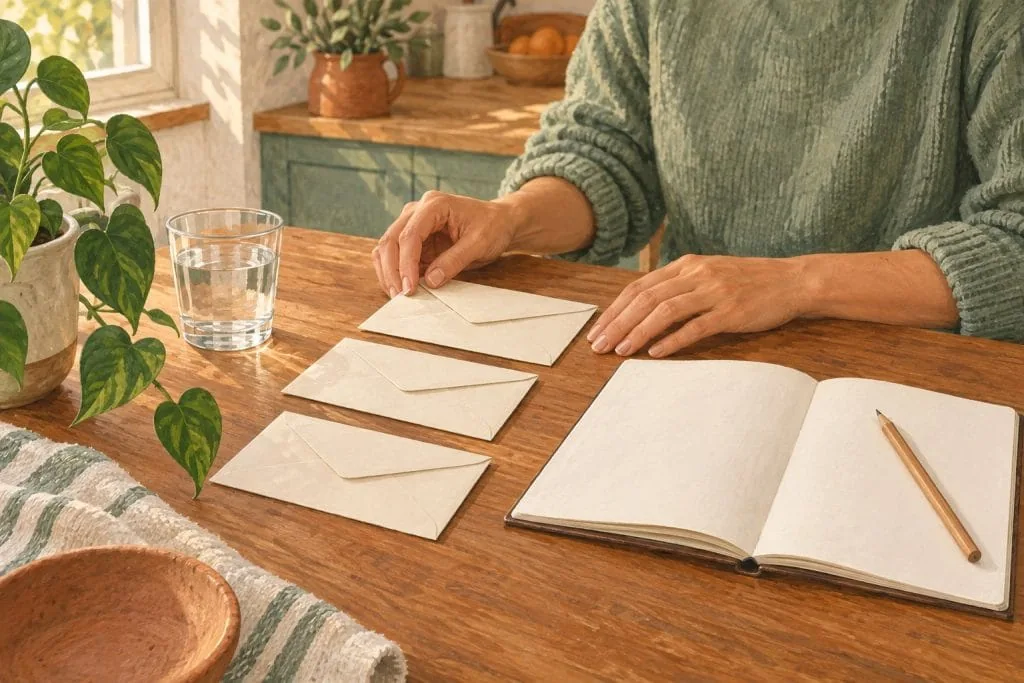 Iemand legt drie enveloppen naast een open notitieboek en een glas water op een houten keukentafel.