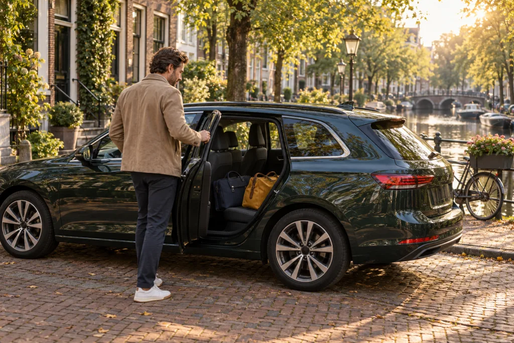 Een man staat naast een donkergroene auto met een werktas en weekendtas op de achterbank.