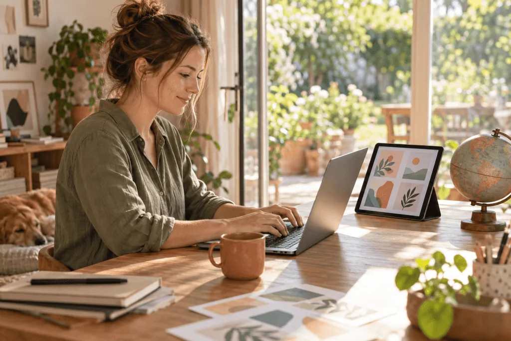 Een vrouw werkt op een laptop naast een tablet met illustraties en een kleine wereldbol.
