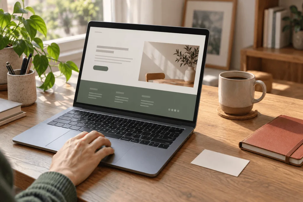 Een hand rust op een laptop met een website en groene footer, naast een blanco kaart.