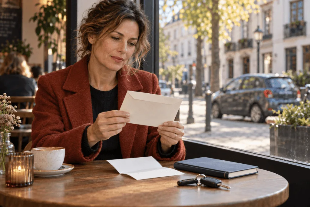 Een vrouw bekijkt een envelop aan een tafel met autosleutels en een blauw notitieboek.
