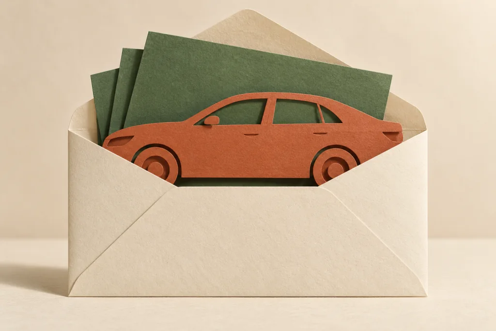 Een terracotta auto van papier steekt uit een crèmekleurige envelop naast groene papieren vormen.