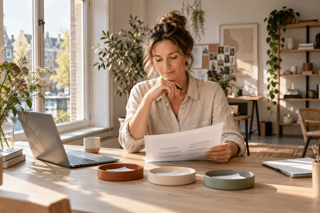 Een vrouw bekijkt een document aan een houten bureau met drie gekleurde schaaltjes.