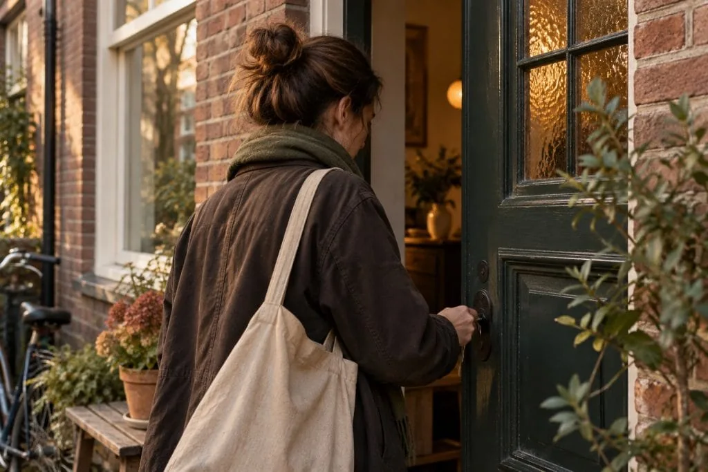 Een vrouw met een stoffen tas steekt een sleutel in de donkergroene voordeur van een bakstenen huis.