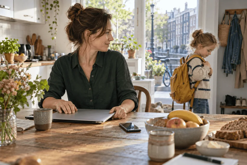Een moeder sluit haar laptop aan de keukentafel terwijl haar dochter een gele schooltas draagt.