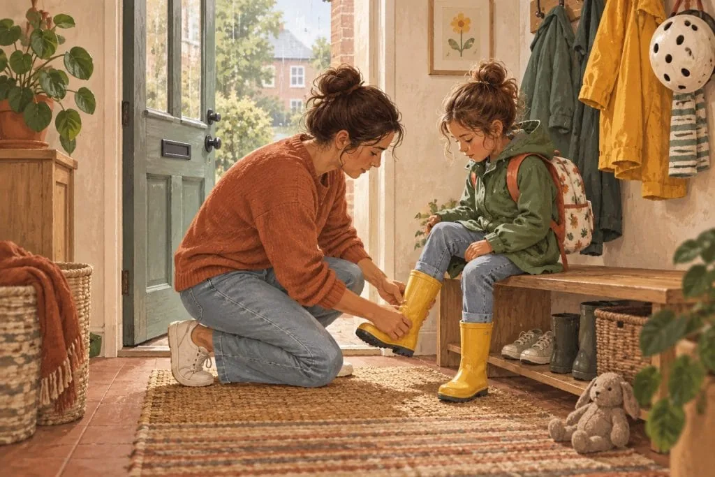 Een moeder helpt een kind met een rugzak gele regenlaarzen aantrekken in een lichte hal.