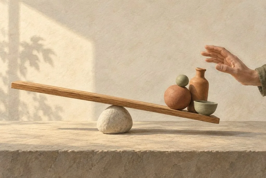 Een houten plank met keramische vormen balanceert op een steen, met een hand erboven.