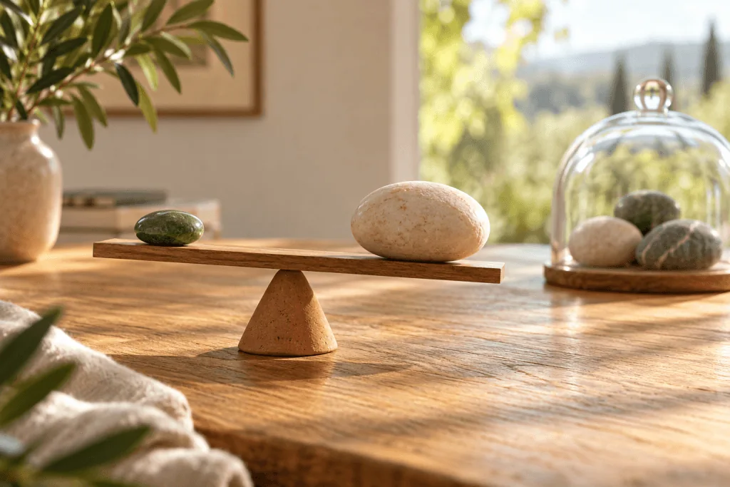 Een houten balk met twee stenen balanceert op een steun, met een glazen stolp op de achtergrond.