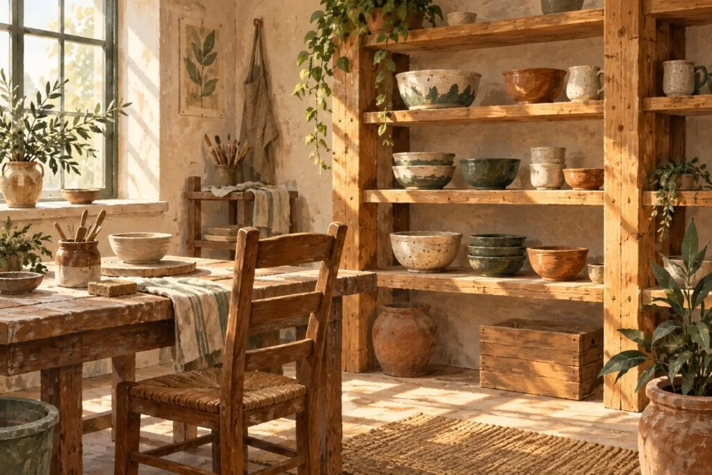 Houten planken met keramische schalen naast een werktafel in een zonnig atelier.
