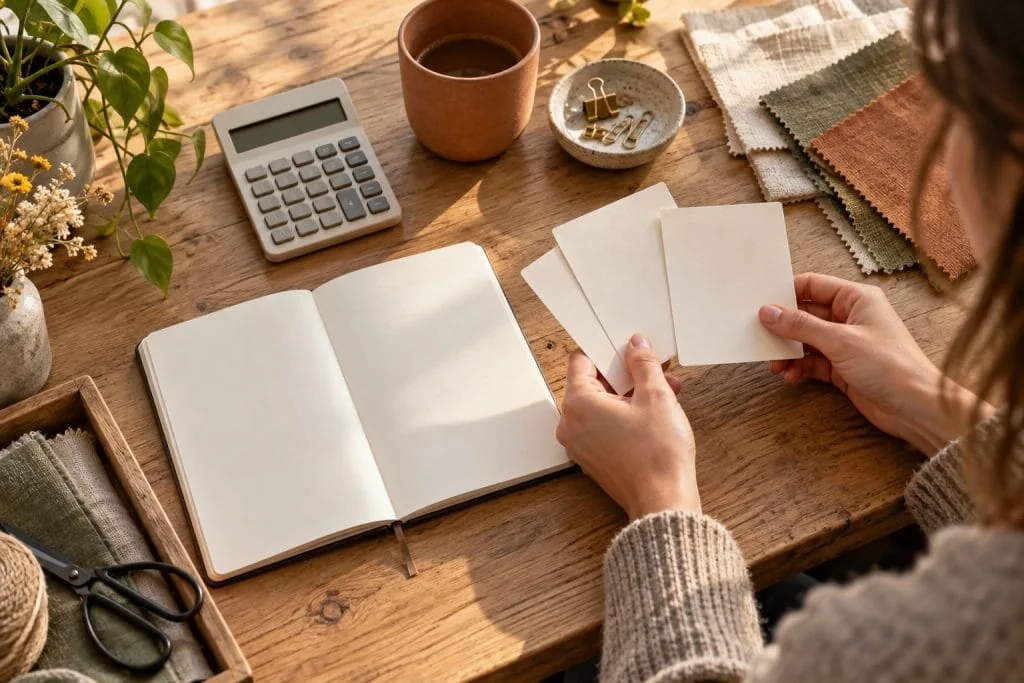 Een vrouw bekijkt drie blanco kaarten naast een notitieboek, rekenmachine en stofstalen.