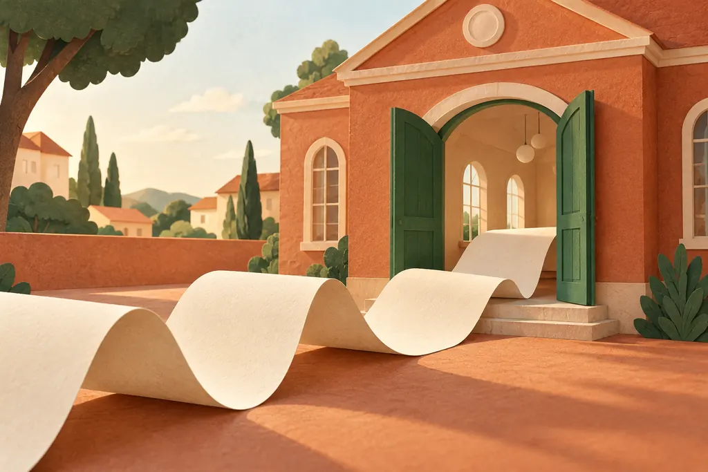 Een brede papieren strook loopt naar een gemeenschapsgebouw met groene deuren, in terracotta en crème.