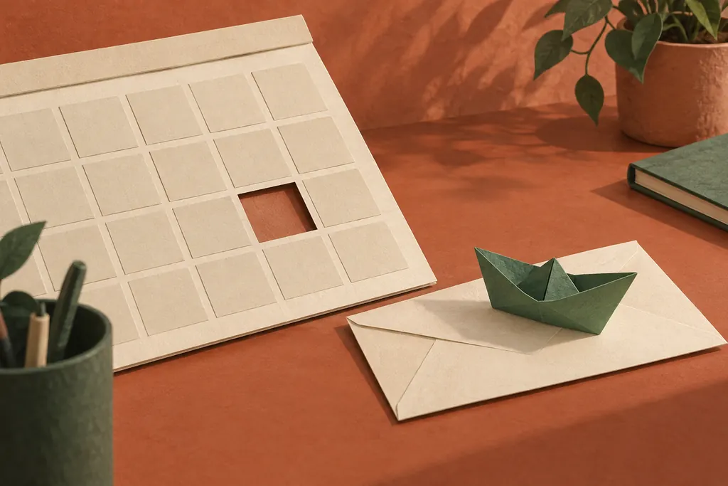 Een kalender met een uitgesneden vakje naast een groen papieren bootje op een envelop, in terracotta en crème.