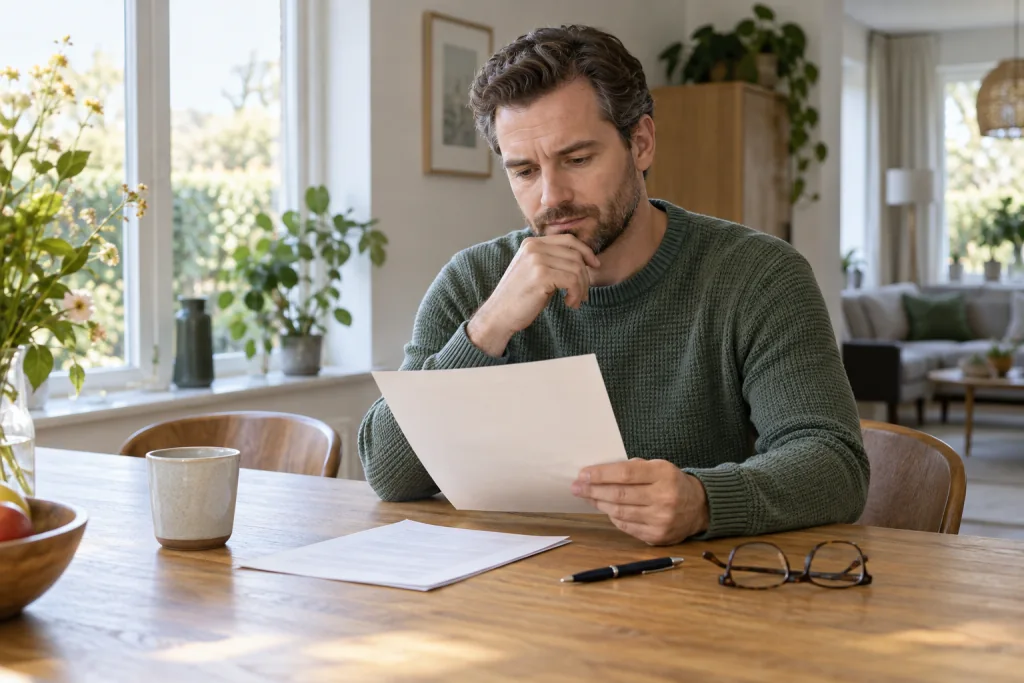 Een man met een groene trui bekijkt een brief aan een houten tafel met documenten, een pen en een bril.