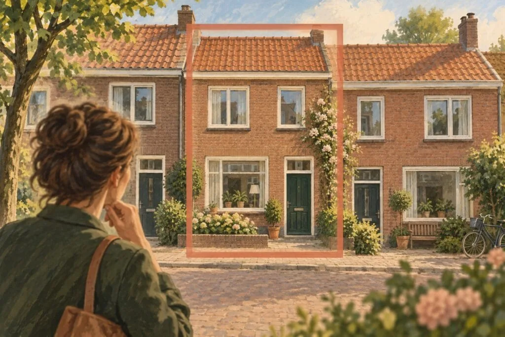 Een vrouw bekijkt een rij bakstenen huizen, met een zacht oranje kader rond één woning.