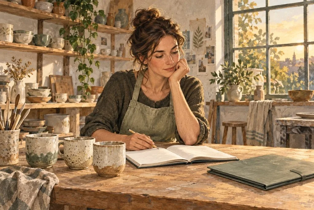 Een pottenbakster met een groen schort zit met een potlood en een open boek aan haar werktafel.