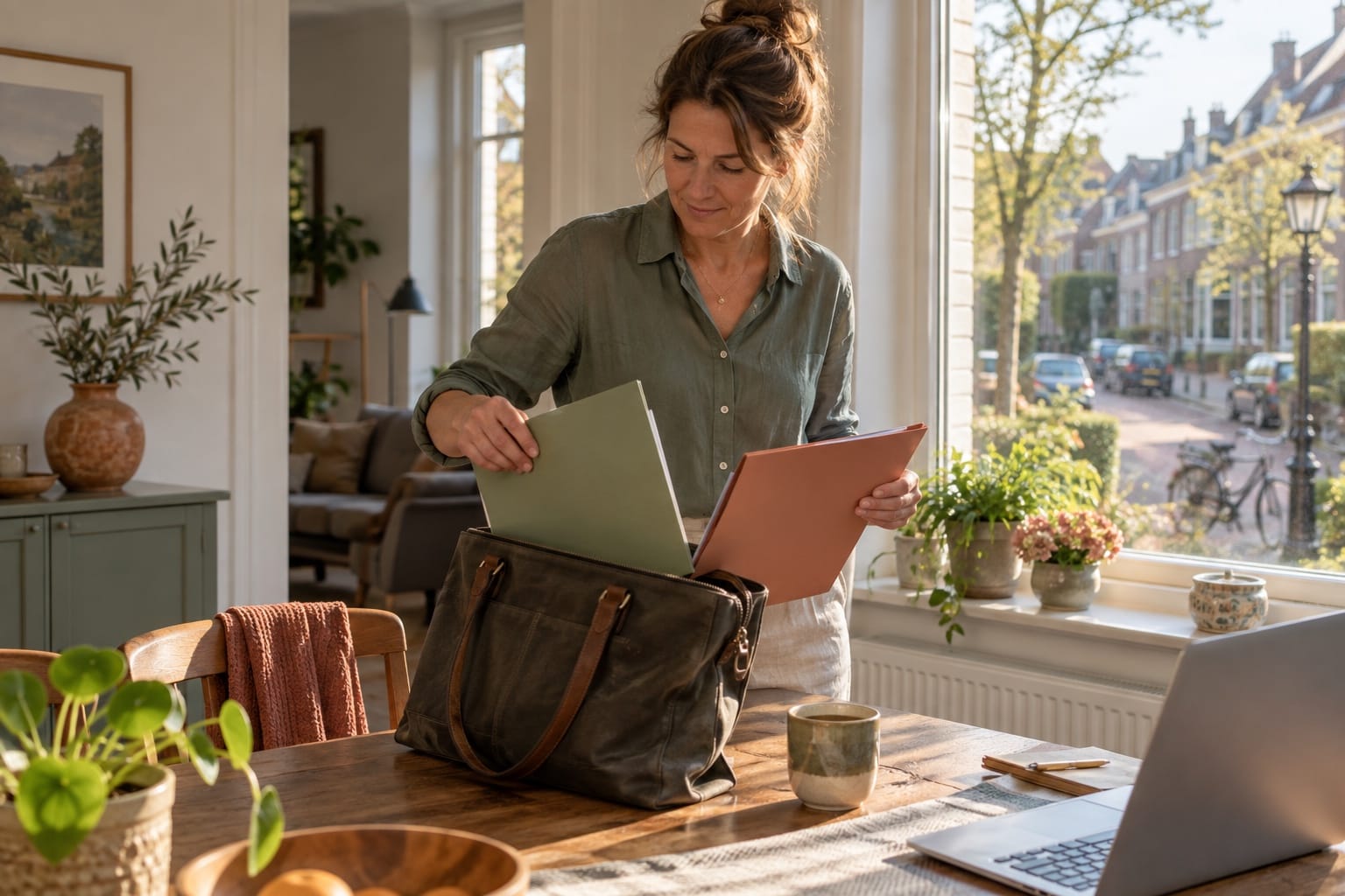 Een vrouw ordent twee mappen naast haar tas aan een tafel bij het raam.