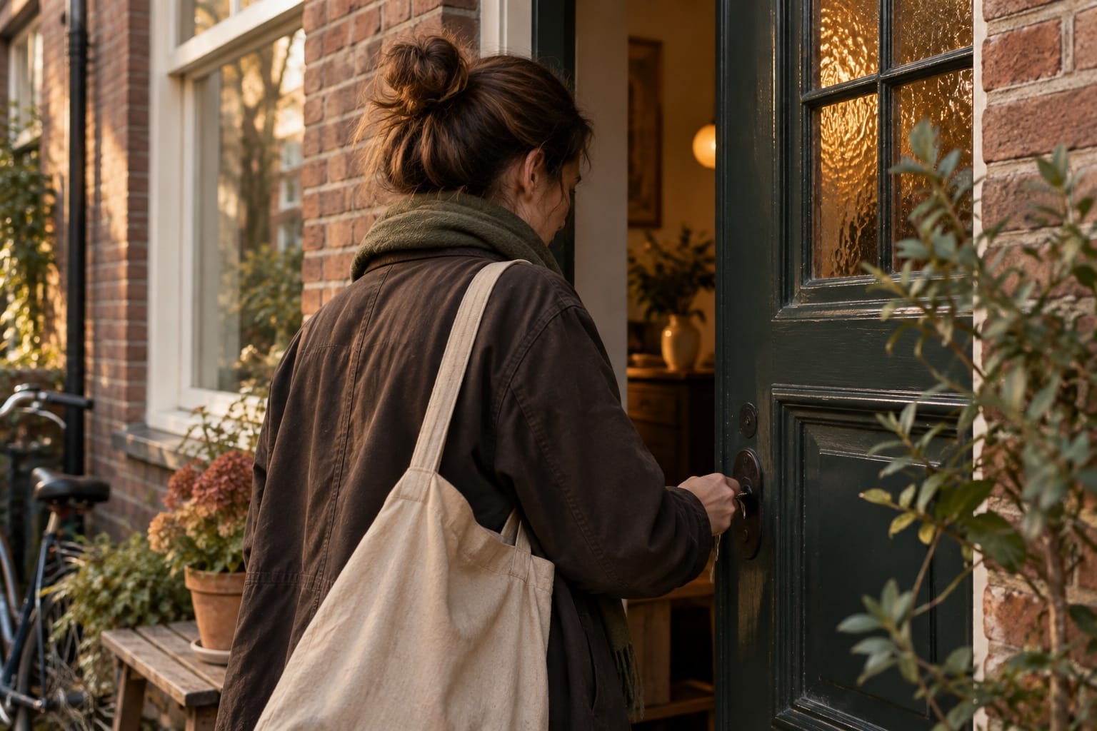 Een vrouw met een stoffen tas steekt een sleutel in de donkergroene voordeur van een bakstenen huis.