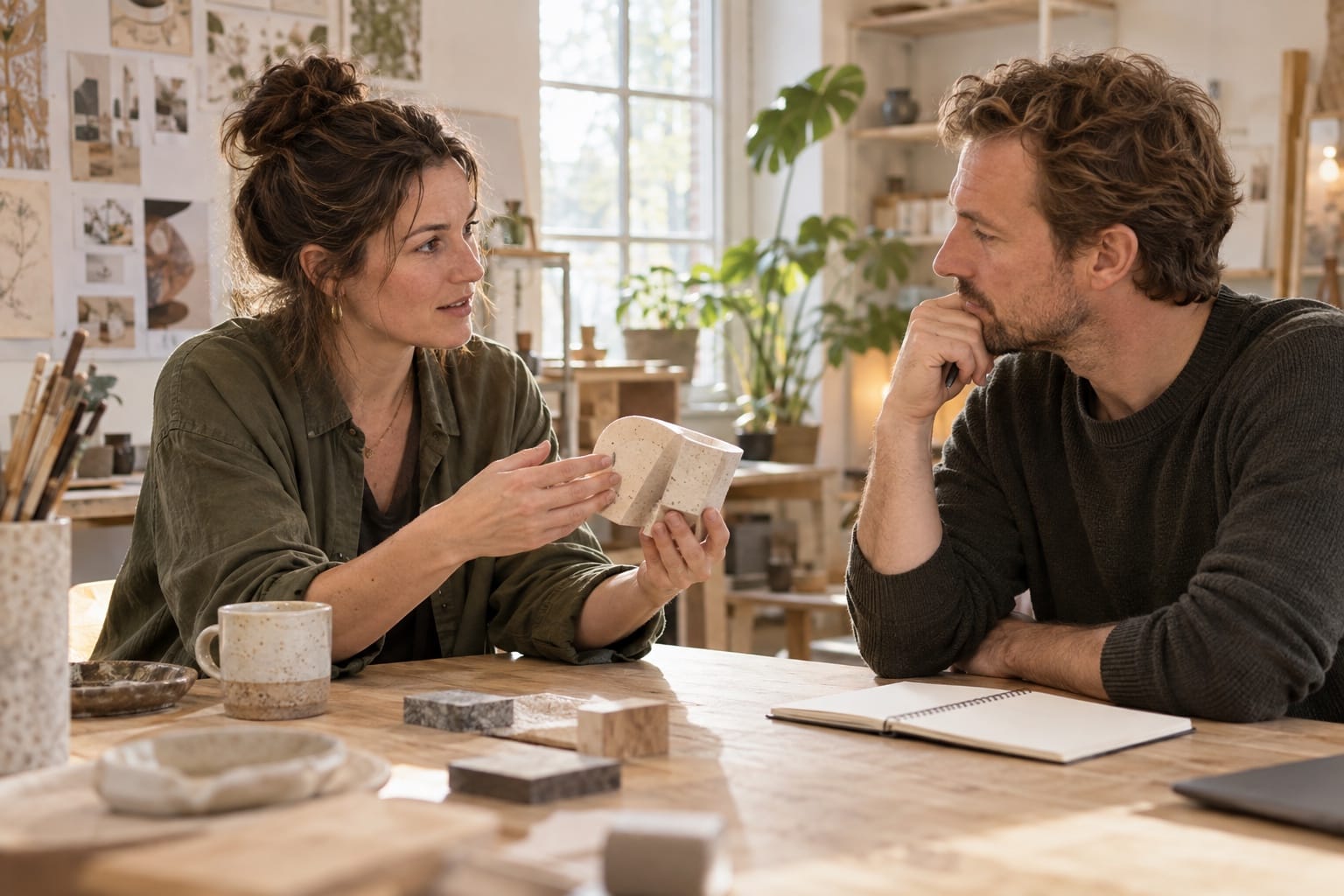Een vrouw en een man bespreken een keramisch ontwerp aan een houten werktafel.